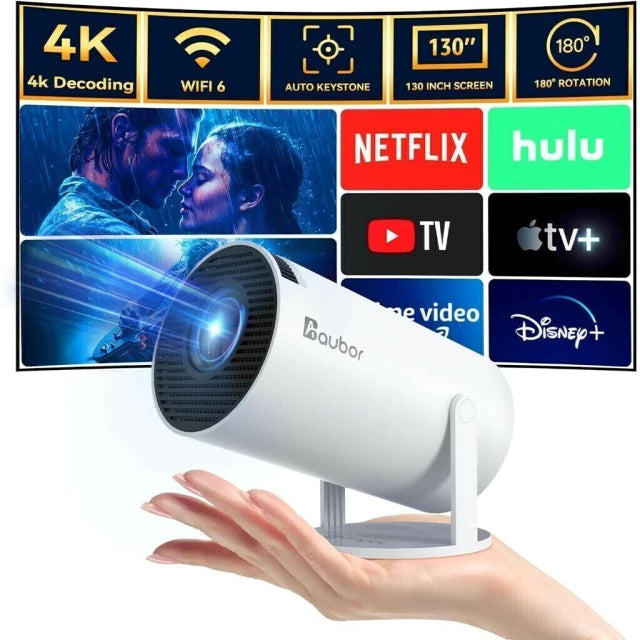 Projetor portátil — Suporta 4K Dual WiFi6, conexão de tela com e sem fio, rotação de 180°