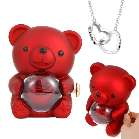 Colar De Coração Gravado Com Caixa De Presente De Urso Rosa Real Caixa De Presente Em Formato De Rosa Caixa De Presente De Joias